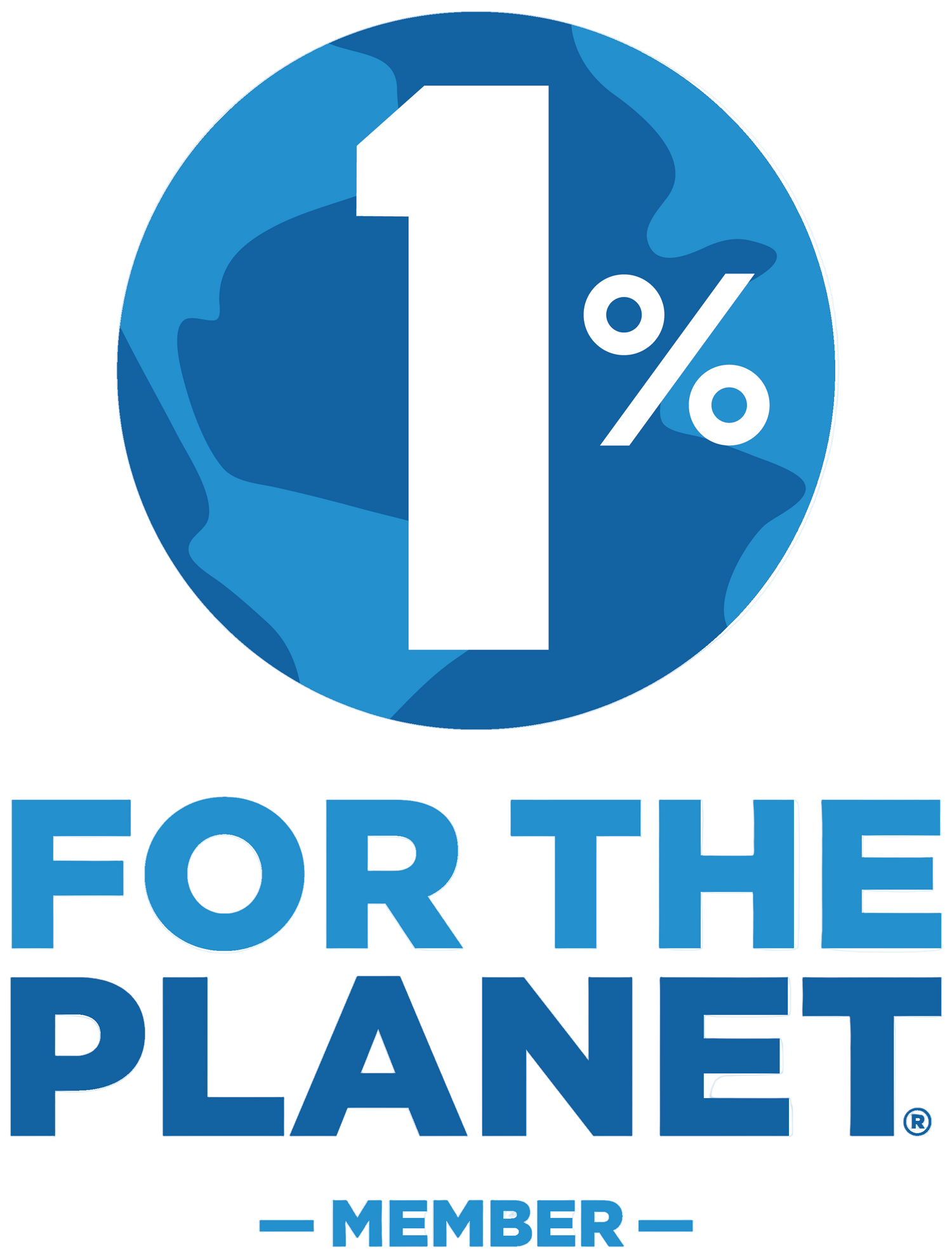 Logo of '1% for the Planet' with a blue globe and white text on a white background