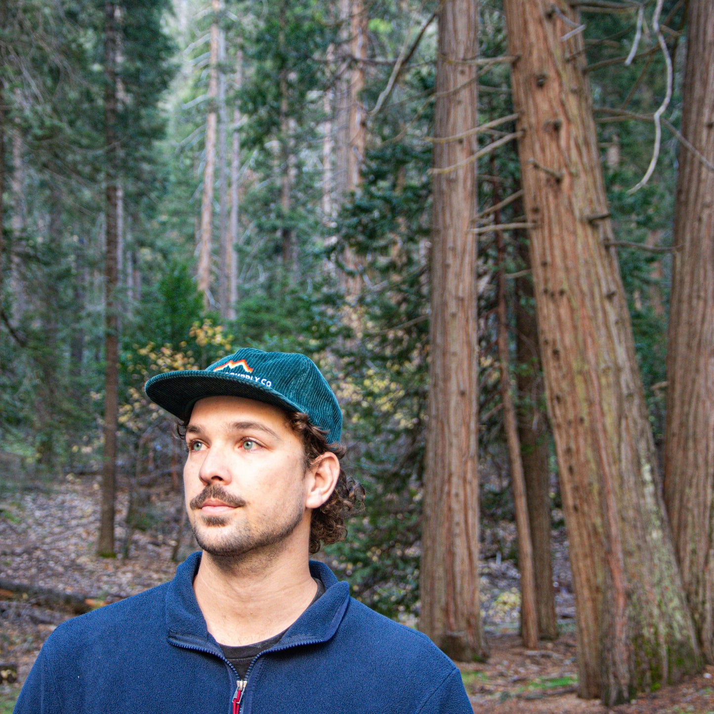 Man wearing a cap and blue jacket standing in a forest