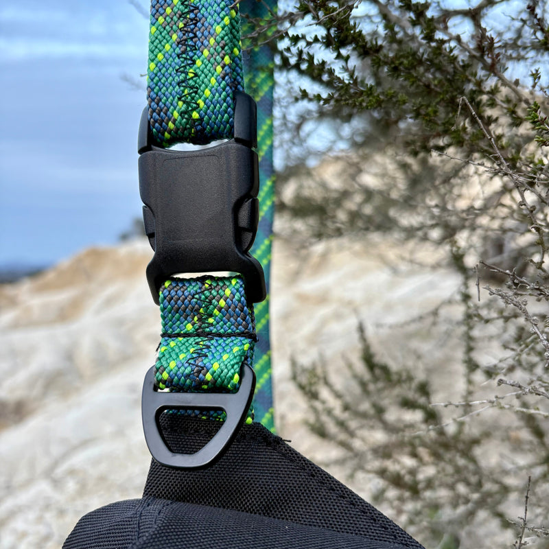 Close-up of a green and black climbing harness with a blurred natural background