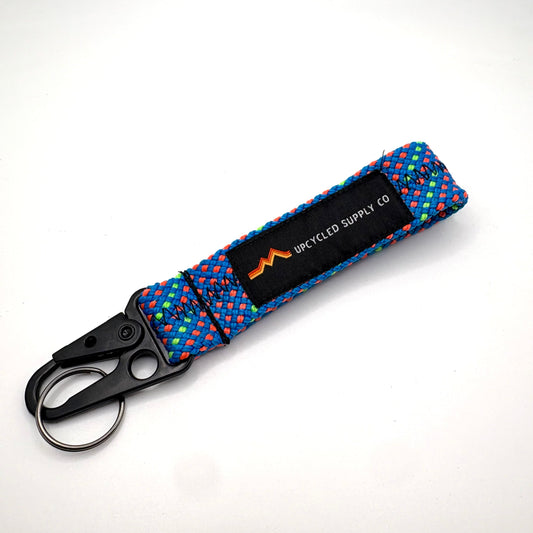 Keychain with blue and red pattern on a white background